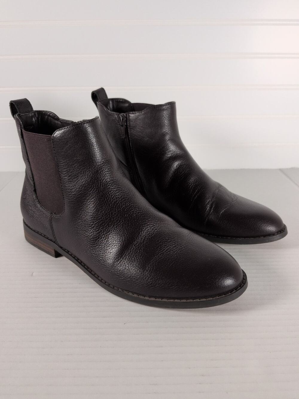Lands End Chelsea Ankle Boots Womens 8.5 Brown Leather Side Zip Low Heel Classic